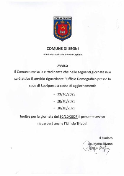 Avviso chiusura sportelli uffici di Sacriporto Avviso chiusura sportelli uffici di Sacriporto
